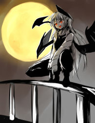 Rule 34 | 1girl, :p, bat wings, collared shirt, dress shirt, full moon, hatsue, head tilt, head wings, koakuma, long hair, long sleeves, looking at viewer, moon, necktie, night, night sky, pants, partially colored, railing, red eyes, shirt, sketch, sky, solo, squatting, tongue, tongue out, touhou, v arms, very long hair, vest, white shirt, wings