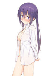 Rule 34 | 1girl, arms behind back, blush, breasts, buttons, cleavage, closed mouth, collarbone, collared shirt, cowboy shot, dress shirt, embarrassed, gochuumon wa usagi desu ka?, groin, hair between eyes, hair ornament, hairclip, large breasts, legs apart, long hair, long sleeves, looking at viewer, medium breasts, mikazuchi zeus, naked shirt, no panties, open clothes, open shirt, purple eyes, purple hair, revision, shirt, sidelocks, simple background, solo, standing, stomach, tedeza rize, twintails, underwear, wavy mouth, white background, white shirt