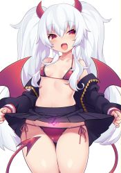 Rule 34 | 1girl, bikini, bikini top only, black skirt, blush, breasts, clothes lift, demon girl, demon tail, demon wings, evo grim, fangs, grim aloe, hair between eyes, highres, horns, jacket, kinoshita sasami, lifting own clothes, long hair, long sleeves, low wings, micro bikini, off shoulder, open mouth, pleated skirt, pubic tattoo, quiz magic academy, quiz magic academy the world evolve, red eyes, red horns, red tail, red wings, side-tie bikini bottom, sidelocks, simple background, skirt, skirt lift, small breasts, solo, swimsuit, tail, tattoo, thighs, twintails, white background, white hair, wings