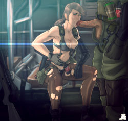 Rule 34 | 1boy, 1girl, asymmetrical gloves, bad id, bad tumblr id, big boss, bikini, blue eyes, breasts, brown hair, cleavage, elbow gloves, explosive, fellatio, front-tie bikini top, front-tie top, gloves, grenade, gun, hetero, highres, holster, long hair, medium breasts, metal gear (series), metal gear solid, metal gear solid v: the phantom pain, mismatched gloves, open fly, oral, pantyhose, penis, planted, ponpu (pumpkinsinclair), ponytail, quiet (metal gear), rifle, single elbow glove, sitting, sniper rifle, soldier, suspenders, swimsuit, thigh holster, torn clothes, torn legwear, uncensored, unzipped, weapon