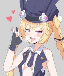 Rule 34 | 1girl, blonde hair, blush, braid, character request, commentary, english commentary, fellatio gesture, girls&#039; frontline, grey background, handjob gesture, hat, heart, jalm, looking at viewer, necktie, short necktie, simple background, smile, solo, tongue, tongue out, twin braids, vest