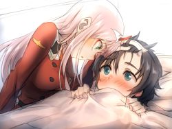 Rule 34 | 10s, 1boy, 1girl, bed sheet, black hair, blue eyes, blue horns, blush, breasts, commentary request, couple, darling in the franxx, green eyes, hair ornament, hairband, herozu (xxhrd), hetero, hiro (darling in the franxx), horns, long hair, looking at another, lying, medium breasts, military, military uniform, necktie, on back, oni horns, orange neckwear, pink hair, red horns, sheet grab, short hair, uniform, white hairband, zero two (darling in the franxx)