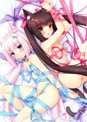 Rule 34 | 10s, 2girls, absurdres, animal ears, arms behind back, arms up, barefoot, bdsm, bell, black hair, blue eyes, blush, bondage, bound, bound wrists, bow, breasts, brown eyes, cat ears, cat girl, cat tail, censored, chestnut mouth, chocola (nekopara), collar, convenient censoring, dengeki moeou, flat chest, hair bow, hair ribbon, highres, long hair, looking at viewer, low twintails, lying, multiple girls, naked ribbon, navel, neck bell, nekopara, on side, open mouth, pink hair, restrained, ribbon, ribbon bondage, sayori (neko works), scan, slit pupils, small breasts, tail, tail ornament, tail ribbon, twintails, vanilla (nekopara), very long hair