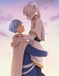 Rule 34 | 1boy, 1girl, black pantyhose, blue eyes, blue hair, capelet, carrying, couple, dress, earrings, eye contact, frieren, from side, gem, green eyes, grey hair, hetero, highres, himmel (sousou no frieren), jewelry, long hair, long sleeves, looking at another, medium dress, pantyhose, red gemstone, short hair, sleeves past wrists, sousou no frieren, sugar (eugeo), white capelet, white dress