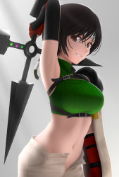 Rule 34 | 1girl, arm behind head, arm guards, arm up, armpits, bare shoulders, black hair, breasts, brown eyes, crop top, elbow gloves, final fantasy, final fantasy vii, fingerless gloves, gloves, green shirt, grin, headband, highres, large breasts, looking at viewer, materia, medium breasts, midriff, navel, open fly, red gloves, ribbed shirt, shirt, short hair, shorts, shuriken, siraha, sleeveless, sleeveless turtleneck, smile, solo, turtleneck, weapon, white shorts, yuffie kisaragi