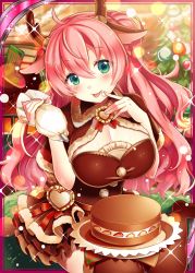 Rule 34 | 1girl, animal ears, antlers, braid, breasts, brown dress, brown thighhighs, cake, christmas, christmas ornaments, christmas tree, collaboration, cream, deer antlers, deer ears, deer girl, dress, fireplace, food, horns, large breasts, looking at viewer, no shoes, nou (nounknown), official art, seiza, shinkai no valkyrie, shinki kakusei melty maiden, sitting, socks, thighhighs, tongue, tongue out