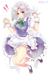 Rule 34 | !, !!, 1girl, apron, artist name, between fingers, black footwear, blue dress, blue eyes, bow, braid, breasts, commentary request, dress, frilled apron, frills, full body, green bow, green ribbon, hair bow, hair ornament, hands up, highres, holding, holding knife, holding pocket watch, holding weapon, izayoi sakuya, jumping, knife, knives between fingers, looking at viewer, maid, maid apron, maid headdress, medium breasts, neck ribbon, open mouth, panties, pantyshot, petticoat, pocket watch, puffy short sleeves, puffy sleeves, ramudia (lamyun), ribbon, shiny skin, shirt, shoes, short hair, short sleeves, silver hair, simple background, socks, solo, thighs, touhou, twin braids, twitter username, underwear, waist apron, watch, weapon, white background, white panties, white shirt, white socks, wrist cuffs