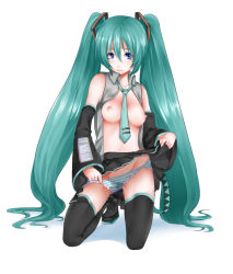 Rule 34 | 1girl, bad id, bad nicoseiga id, blue eyes, boots, breasts, clothes lift, detached sleeves, green hair, hatsune miku, hija, long hair, necktie, nipples, open clothes, open shirt, panties, pussy juice, shirt, simple background, skirt, skirt lift, solo, striped clothes, striped panties, thigh boots, thighhighs, twintails, underwear, upskirt, very long hair, vocaloid, white background