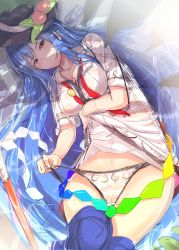 Rule 34 | 1girl, absurdres, bad id, bad pixiv id, blue hair, boots, bow, breast lift, breasts, cameltoe, cleavage, clothes lift, clothes pull, collarbone, dress, food, food-themed clothes, fruit, hat, hat ornament, highres, hinanawi tenshi, large breasts, long hair, looking at viewer, lying, neropaso, on back, panties, panty lift, peach, print panties, puffy short sleeves, puffy sleeves, red eyes, shirt, shirt lift, short sleeves, sketch, skirt, skirt pull, solo, touhou, underwear, untied, very long hair, wet, wet clothes, wet panties, wet shirt, white panties