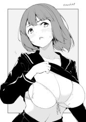 Rule 34 | 1girl, bikini, bikini under clothes, blush, breasts, cleavage, flying sweatdrops, front-tie top, greyscale, hand up, head tilt, kichihachi, large breasts, lifting own clothes, long sleeves, looking at viewer, monochrome, open mouth, original, outside border, pleated skirt, school uniform, serafuku, shirt, short hair, simple background, skirt, solo, swimsuit, twitter username, upper body