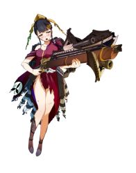 Rule 34 | 1girl, antique firearm, bare shoulders, black hair, blush, boots, breasts, firearm, firelock, flintlock, full body, gun, hair ornament, hairpin, holding, holding gun, holding weapon, kochi (oshiro project), large breasts, official art, oshiro project:re, oshiro project:re, shachihoko, smile, solo, thigh boots, thighhighs, torn clothes, transparent background, weapon, yellow eyes, yuunagi (seventh heaven)