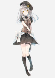 Rule 34 | 1girl, beret, black dress, black footwear, black hat, blush, boots, bow, brown eyes, brown vest, closed mouth, commentary request, dress, grey background, hair between eyes, hat, highres, kikka (kicca choco), knee boots, long hair, original, puffy short sleeves, puffy sleeves, short sleeves, silver hair, simple background, solo, standing, standing on one leg, vest, white bow