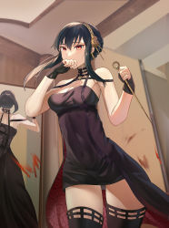 Rule 34 | 1girl, black gloves, black hair, black thighhighs, blood, blood splatter, blush, brown flower, brown hairband, brown rose, covered mouth, fingerless gloves, flower, gloves, hair between eyes, hair flower, hair ornament, hairband, hands up, highres, holding, indoors, long hair, mirror, mosta (lo1777789), red eyes, reflection, rose, sidelocks, solo, spy x family, thighhighs, yor briar
