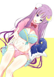 1girl aqua_bra bad_id bad_pixiv_id blunt_bangs book bra breasts cleavage crescent crescent_hair_ornament double_bun female_focus hair_bun hair_ornament holding holding_book large_breasts long_hair looking_at_viewer outstretched_arm panties patchouli_knowledge pink_panties purple_eyes purple_hair shigemiya_kyouhei simple_background solo tentacles touhou underwear very_long_hair