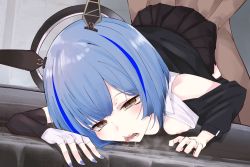 Rule 34 | azur lane, blue hair, clothed female nude male, clothed sex, doggystyle, drooling, gascogne (azur lane), gascogne (muse) (azur lane), highres, idol, nail polish, nude, saliva, sex, sex from behind, skirt, suujiniku, symbol-shaped pupils, tongue, tongue out, yellow eyes