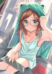 Rule 34 | 1girl, arm up, armpits, bad id, bad pixiv id, bare arms, bare shoulders, blue camisole, blue eyes, blush, breasts, brown hair, camisole, closed mouth, collarbone, commentary request, curtains, drawing tablet, dutch angle, forehead, glasses, grey-framed eyewear, hair ornament, hairclip, highres, holding, holding stylus, horizontal pupils, indoors, looking at viewer, original, parted bangs, round eyewear, sitting, small breasts, solo, stylus, sun-sun, tsukiman, wavy mouth