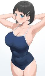 Rule 34 | 1girl, armpits, arms up, asymmetrical bangs, black hair, blue eyes, blue one-piece swimsuit, blunt ends, blush, bob cut, breasts, cleavage, collarbone, covered navel, grey background, hair ornament, hairclip, hairpin, highres, kirigaya suguha, large breasts, large buttons, looking at viewer, nekoshoko, one-piece swimsuit, open mouth, school swimsuit, short hair, simple background, solo, swimsuit, sword art online, thigh gap, thighs, white background