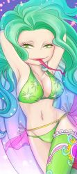 Rule 34 | 1girl, amazon lily, amazon warrior, asymmetrical clothes, bikini, boa sandersonia, female focus, green eyes, green hair, long image, long tongue, matching hair/eyes, one piece, shn (hikky- -3), solo, swimsuit, tall image, thighhighs, tongue, tongue out