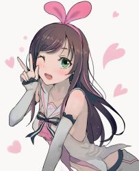 Rule 34 | 1girl, animal ears, bow, breasts, bridal gauntlets, brown hair, rabbit ears, commentary request, dress, green eyes, hairband, heart, idol, idol clothes, kizuna ai, kizuna ai inc., long hair, looking at viewer, one eye closed, open mouth, sidelocks, skirt, sleeveless, sleeveless dress, small breasts, smile, solo, upper body, v, virtual youtuber, walzrj, white background