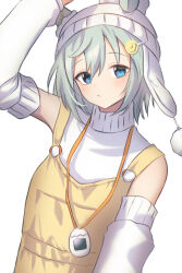 Rule 34 | 1girl, animal ears, arm up, bare shoulders, beanie, blue eyes, braid, commentary request, detached sleeves, ears through headwear, grey hair, hat, highres, horse ears, katuko deluxe, long sleeves, looking at viewer, overalls, pom pom (clothes), seiun sky (umamusume), short hair, simple background, single braid, sleeveless, sleeveless sweater, sleeveless turtleneck, solo, sweater, tamagotchi, turtleneck, turtleneck sweater, umamusume, white background, yellow overalls