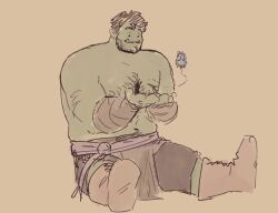 Rule 34 | affectionate, bara, belly, bleu (blueinnor), bug, butterfly, colored skin, fat, fat man, full body, green skin, hairy, insect, monster boy, muscular, muscular male, orc, original, pelvic curtain, plant, sitting, sketch, solid circle eyes, sparse arm hair, sparse chest hair, sparse navel hair, tusks
