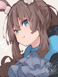 Rule 34 | 1girl, amiya (arknights), animal ear fluff, animal ears, arknights, beni shake, black jacket, blue eyes, blush, brown background, brown hair, closed mouth, commentary, hair between eyes, highres, jacket, long hair, notice lines, open clothes, open jacket, ponytail, rabbit ears, redrawn, signature, smile, solo, upper body