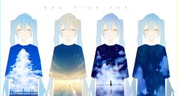 Rule 34 | absurdres, artist self-reference, bad id, bad pixiv id, blue hair, blush, closed eyes, cloud, cloudy sky, commentary, double exposure, hatsune miku, highres, lamppost, light blush, long hair, multiple views, night, night sky, re eva, reflection, shirt, sky, smile, star (sky), starry sky, sunrise, t-shirt, twintails, upper body, variations, very long hair, vocaloid, white background