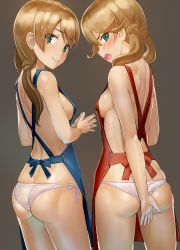 Rule 34 | 2girls, alice gear aegis, apron, ass, blush, braid, breasts, butt crack, closed mouth, commentary request, green eyes, hair flaps, highres, kotomura akane, kotomura amane, light brown hair, long hair, looking at viewer, looking back, medium breasts, multiple girls, nearly naked apron, open mouth, panties, pink panties, sasayuki, siblings, side-tie panties, sideboob, simple background, smile, twins, twintails, underwear