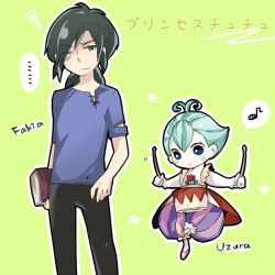 Rule 34 | ..., 00s, 1boy, 1girl, antenna hair, artist request, blush stickers, book, character name, copyright name, drum, drumsticks, fakir (princess tutu), green eyes, green hair, instrument, musical note, one eye closed, princess tutu, squiggle, uzura, uzura (princess tutu), wink