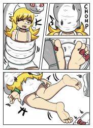 Rule 34 | 1girl, barefoot, blonde hair, constriction, crypt456, dress, eating, feet, foot focus, helpless, monogatari (series), motion lines, oshino shinobu, panels, peril, reptile, sandals, shoes, simple background, snake, soles, squeezing, sundress, swallowing, toes, unworn sandals, unworn shoes, vampire, vore, white background, white dress, wince, yellow eyes