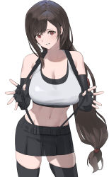 Rule 34 | 1girl, absurdres, bare shoulders, black gloves, black skirt, bracelet, breasts, brown hair, cleavage, close-up, closed mouth, collarbone, crop top, earrings, elbow gloves, elbow pads, final fantasy, final fantasy vii, final fantasy vii remake, fingerless gloves, gloves, grin, highres, hood (james x), jewelry, large breasts, long hair, looking at viewer, midriff, navel, red eyes, shirt, simple background, skirt, smile, solo, suspender skirt, suspenders, tank top, taut clothes, taut shirt, tifa lockhart, white tank top