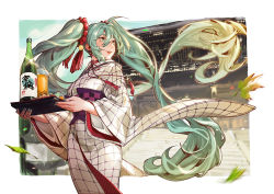 Rule 34 | 1girl, ahoge, aqua eyes, aqua hair, aqua nails, architecture, blush, bottle, commentary request, cowboy shot, cup, day, drinking glass, east asian architecture, food, hair ornament, hatsune miku, highres, holding, holding tray, japanese clothes, kimono, kyoto, leaf, falling leaves, light blush, long hair, looking to the side, maple leaf, motion blur, nail polish, outdoors, parted lips, recentia, sake bottle, solo, sparkle, temple, tray, twintails, very long hair, vocaloid, white kimono, wide sleeves