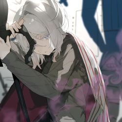 Rule 34 | 1girl, blue eyes, cape, faust (project moon), hamelon310, highres, holding, holding staff, limbus company, long sleeves, project moon, smoke, staff, striped cape, sweater, white hair, whiteboard