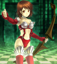 Rule 34 | 1girl, alternate costume, atlus, bare shoulders, boots, bow (weapon), brown eyes, brown hair, choker, elbow gloves, fingerless gloves, gloves, heart, high-cut armor (persona), highres, megami tensei, mutsuki (moonknives), panties, persona, persona 3, shin megami tensei, short hair, skinny, smile, solo, suspenders, takeba yukari, thigh boots, thighhighs, thumbs up, underwear, weapon