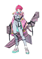 Rule 34 | aged up, ahoge, belt, blunt bangs, bodysuit, breasts, capelet, commentary, grey bodysuit, highres, holding, holding sword, holding weapon, hood, hooded capelet, hoshina hikaru, looking at viewer, medium breasts, multicolored hair, pink capelet, pink eyes, pink hair, precure, rumo, shoes, short hair, simple background, skin tight, smile, sneakers, solo, star (symbol), star twinkle precure, streaked hair, sword, weapon, white background