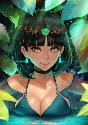 Rule 34 | 1girl, artist name, bare shoulders, blue eyes, blunt bangs, bob cut, bra, breasts, circlet, cleavage, closed mouth, collarbone, commentary request, earrings, foliage, freckles, glowing, glowing earrings, green bra, green hair, highres, jewelry, leaf, lips, looking at viewer, magion02, medium breasts, medium hair, original, patreon username, plant, realistic, reflection, reflective water, see-through, shadow, shiny skin, smile, solo, thick eyelashes, underwear, upper body, water