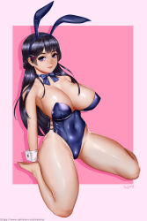 Rule 34 | 1girl, animal ears, arms behind back, artist name, bare shoulders, barefoot, black hair, blue bow, blue hairband, blue leotard, blue ribbon, bow, bowtie, braid, breasts, cleavage, covered erect nipples, covered navel, detached collar, easonx, fake animal ears, french braid, full body, hair ornament, hairband, hairclip, half updo, highres, large breasts, leotard, long hair, looking at viewer, neck ribbon, nijisanji, playboy bunny, purple eyes, rabbit ears, ribbon, shiny skin, sitting, smile, solo, strapless, strapless leotard, tsukino mito, virtual youtuber, wariza, wrist cuffs
