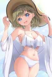Rule 34 | 1girl, absurdres, blue background, blue eyes, breasts, cleavage, cowboy shot, green hair, hanabusa lisa, hat, highres, kuwakuma, large breasts, navel, open clothes, open mouth, open shirt, round teeth, shirt, smile, solo, standing, sun hat, teeth, upper teeth only, virtual youtuber, vspo!, white shirt