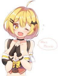 Rule 34 | 1girl, ahoge, arm cuffs, bat hair ornament, black choker, black dress, black gloves, blonde hair, blush, breasts, choker, cleavage, commentary, dress, english text, fang, fingerless gloves, gloves, hair between eyes, hair ornament, hairclip, head tilt, highres, hololive, hoppege, large breasts, looking at viewer, midriff, one eye closed, open mouth, own hands together, revealing clothes, short dress, short hair, simple background, smile, solo, speech bubble, sweatdrop, upper body, virtual youtuber, white background, wristband, yellow eyes, yozora mel, yozora mel (2nd costume)