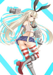 Rule 34 | 10s, 1girl, anchor, black panties, blonde hair, elbow gloves, gloves, hair ornament, hairband, highres, kantai collection, long hair, looking at viewer, panties, pantyshot, rensouhou-chan, shimakaze (kancolle), skirt, striped clothes, striped thighhighs, thighhighs, underwear, upskirt, very long hair, zukky
