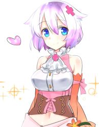 Rule 34 | 1girl, aohashi ame, arm behind back, blouse, blue eyes, closed mouth, commentary request, corset, detached sleeves, hair ornament, heart, highres, looking at viewer, original, pink hair, pink shirt, shirt, short hair, simple background, smile, solo, sparkle, standing, upper body, white background