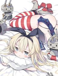 Rule 34 | 10s, 1girl, :3, anchor hair ornament, ass, black panties, blonde hair, blue eyes, hair ornament, hair ribbon, innertube, kantai collection, long hair, lying, machinery, microskirt, open mouth, panties, pantyshot, pillow, rensouhou-chan, ribbon, shimakaze (kancolle), skirt, solo, striped clothes, striped thighhighs, swim ring, thighhighs, turret, underwear, upskirt, youm