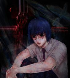 Rule 34 | 1other, abstract background, black eyes, blue hair, glasses, highres, horror (theme), necktie, original, pants, shirt, sitting, solo, yada y4
