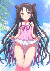 Rule 34 | 1girl, absurdres, babydoll, bare shoulders, black hair, blue sky, blush, breasts, chest tattoo, cone hair bun, day, double bun, dress swimsuit, facial mark, fate/grand order, fate (series), forehead mark, hair bun, highres, huge filesize, long hair, looking at viewer, multicolored hair, one-piece swimsuit, panties, parted bangs, pink babydoll, pink hair, pink one-piece swimsuit, sessyoin kiara, sessyoin kiara (lily), sky, small breasts, smile, streaked hair, swimsuit, tattoo, thighs, underwear, very long hair, wavy hair, white panties, xue lu, yellow eyes