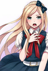 Rule 34 | 1girl, belt, black bow, blonde hair, blush, bow, braid, breasts, collared shirt, commentary request, cowboy shot, danganronpa (series), danganronpa 2: goodbye despair, dress, green dress, hair bow, hand on own chest, large breasts, long hair, looking at viewer, multicolored background, nico (nico alice), open mouth, pinafore dress, puffy short sleeves, puffy sleeves, red bow, red neckwear, shirt, short sleeves, sleeveless, sleeveless dress, smile, solo, sonia nevermind, tearing up, white belt