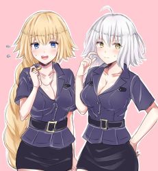 Rule 34 | 2girls, absurdly long hair, ahoge, bad id, bad pixiv id, blonde hair, blue eyes, blush, braid, breasts, cleavage, closed mouth, collarbone, fate/grand order, fate (series), flying sweatdrops, hand on own hip, holding, holding whistle, jeanne d&#039;arc (fate), jeanne d&#039;arc (ruler) (fate), jeanne d&#039;arc alter (avenger) (fate), jeanne d&#039;arc alter (fate), large breasts, long hair, looking at viewer, multiple girls, open mouth, police, police uniform, policewoman, rossa (pixiv27548922), short hair, smile, sweatdrop, uniform, very long hair, whistle, white hair, yellow eyes