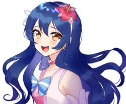 Rule 34 | 1girl, blue hair, blush, brown eyes, choker, collarbone, earrings, flower, hair flower, hair ornament, hairband, happy, jewelry, long hair, looking at viewer, love live!, love live! school idol project, open mouth, smile, solo, sonoda umi, sweetie cyanide, tearing up, upper body