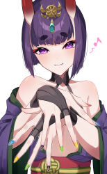 1girl absurdres bare_shoulders blush breasts eyeliner fate/grand_order fate_(series) headpiece highres horns izanaware_game japanese_clothes kimono looking_at_viewer makeup multicolored_nails nail_polish obi off_shoulder oni open_clothes open_kimono purple_eyes purple_hair revealing_clothes sash short_eyebrows short_hair shuten_douji_(fate) simple_background skin-covered_horns small_breasts smile solo upper_body white_background