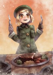 Rule 34 | 1girl, blonde hair, brown gloves, coat, corn, drooling, fate/grand order, fate (series), food, fork, gloves, green coat, hamburger steak, hat, highres, holding, holding fork, knife, kuroi susumu, open mouth, paul bunyan (fate), plate, short hair, smile, solo, table, yellow eyes