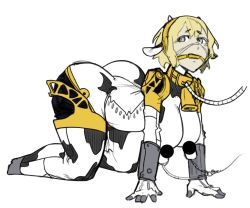 Rule 34 | 1girl, aegis (persona), all fours, android, animal print, ass, blonde hair, borvar, breasts, censored, collar, colorized, cow print, female focus, full body, gag, huge ass, large breasts, leash, looking at viewer, milking machine, persona, persona 3, pet play, shin megami tensei, short hair, simple background, solo, white background, women livestock